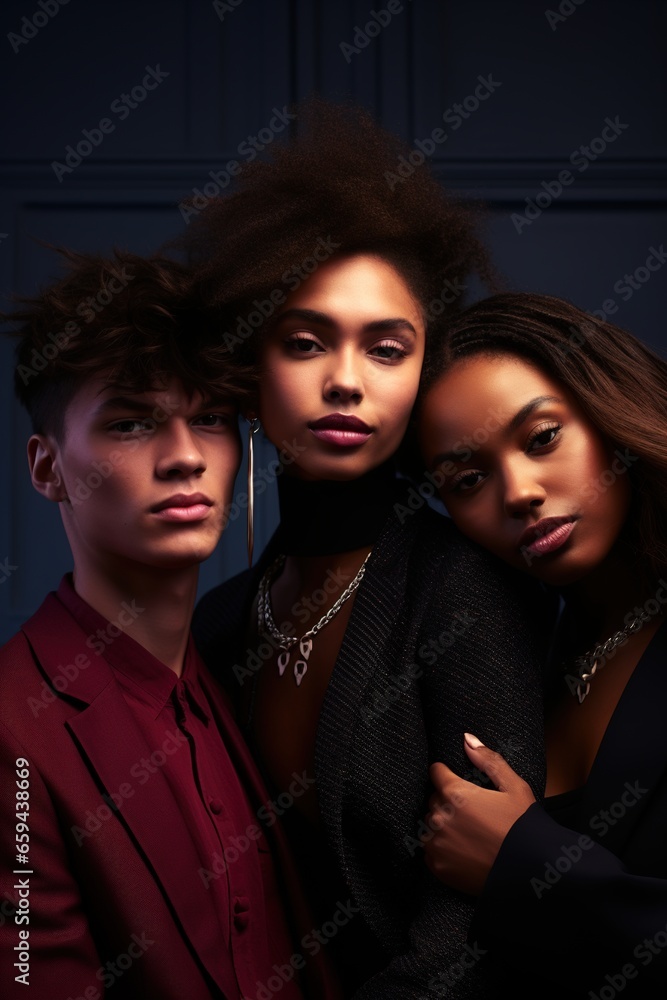 In a moody, dim-lit studio space with a rich burgundy backdrop, three diverse, stylish young, multi ethnic individuals. Their style is a mix of retro and modern, creating a timelessly chic vibe In a moody, dim-lit studio space with a rich burgundy backdrop, three diverse, stylish young, multi ethnic individuals. Their style is a mix of retro and modern, creating a timelessly chic vibe