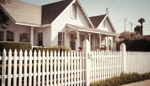 Modern architecture meets old fashioned charm in suburban home yard entrance generated by AI