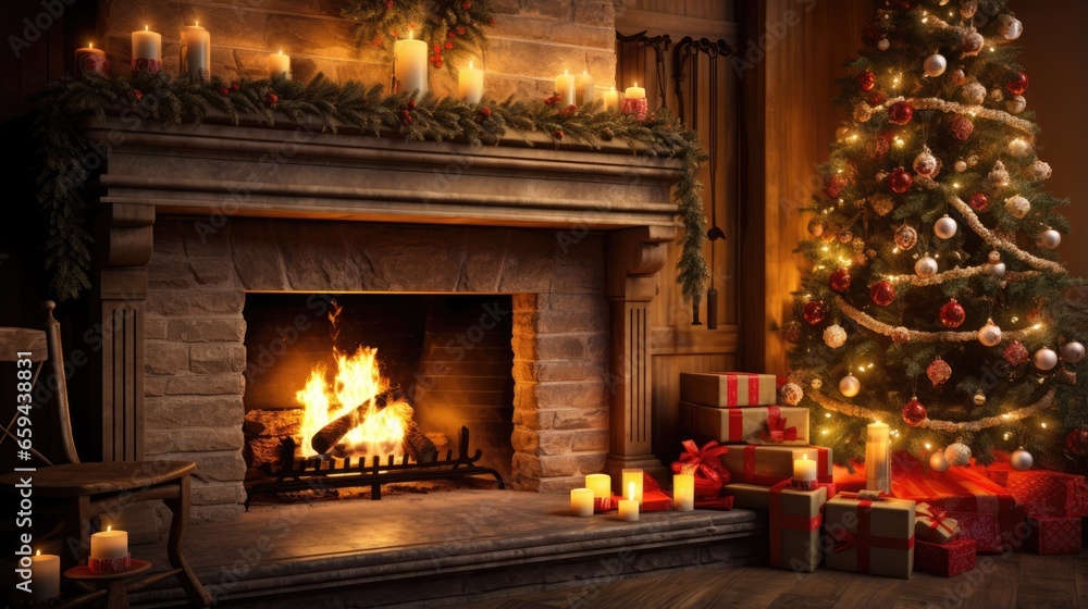 Christmas decorated fireplace. Interior living room with Christmas tree and gifts, armchair with blanket and gifts. Warm cozy Xmas concept..