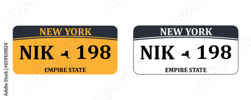 Yellow New York car registration number plate on a white background. EPS 10.