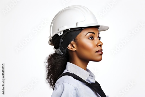 Black woman engineer wearing a helmet and overalls, set against a clean white background, conveying her competence and professionalism photo