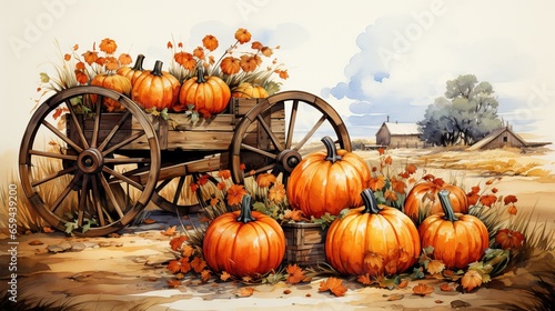  a painting of a wagon filled with pumpkins on a farm. generative ai