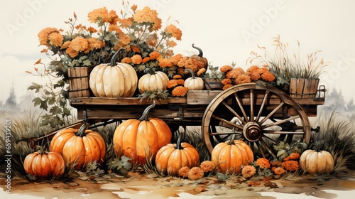  a painting of a wagon filled with pumpkins and flowers. generative ai