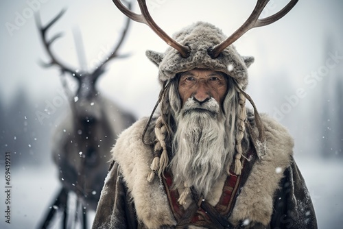 Outdoor winter scene of a Sami individual in traditional garb, with reindeer in the background, depicting the rich cultural heritage against a snow-laden landscape