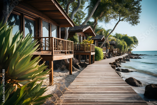 Beachfront wooden bungalows, luxury summer vacation concept.