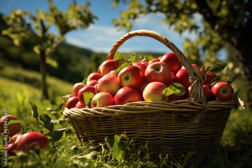 photography of a basket of apples in a green field photography of a basket of apples in a green field
