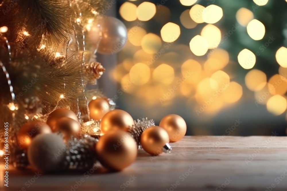 Fototapeta premium Blurred Christmas background with lights, garland, and festive decorations. Winter art design for New Year's card. Generative AI