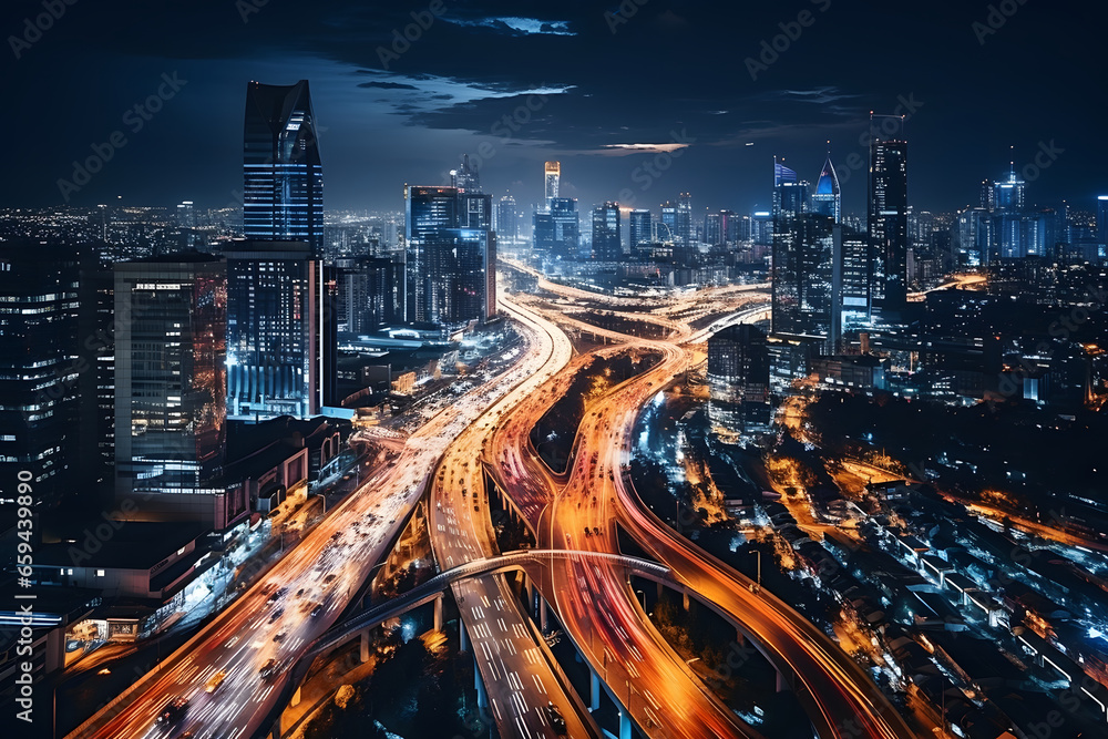 Fototapeta premium Capturing the fast-paced urban nightlife, aerial view, with streaks of car lights and street illumination.