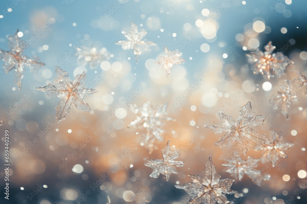 Snowflakes falling to snow ground warm morning light. AI generative