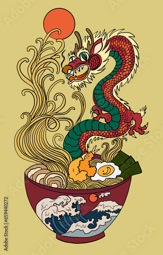 Ramen vector illustration for elements on backdrop and wall in restaurant.Traditional Japanese culture for printing on sticker or T-shirt.Food vector.Japanese wave with Fuji Mountain coloring book.