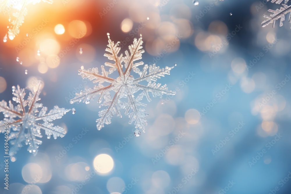 Snowflakes falling to snow ground warm morning light. AI generative Snowflakes falling to snow ground warm morning light. AI generative