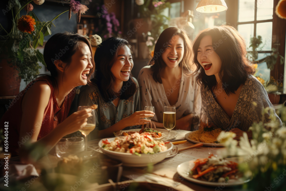  young women are enjoying a meal in a restaurant