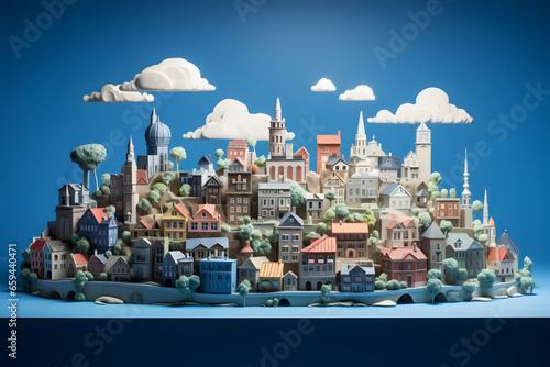 City model made of plasticine on pastel blue background. photo