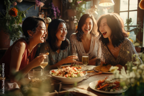  young women are enjoying a meal in a restaurant