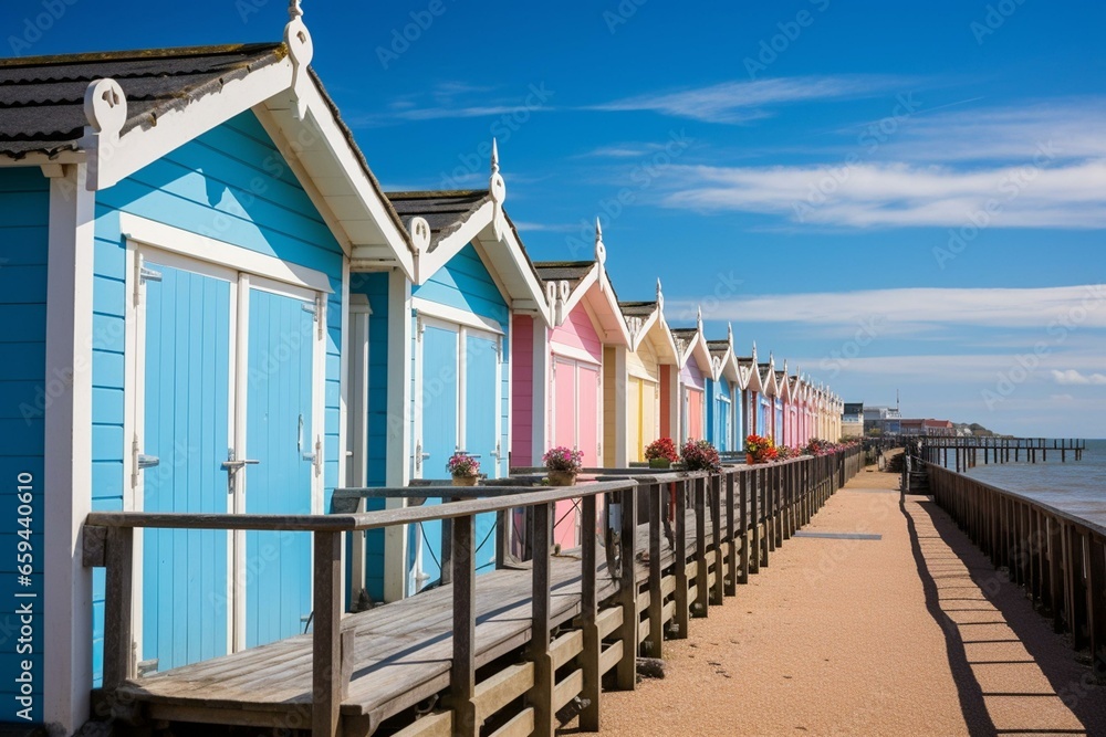 Vibrant seaside cabins lining the promenade at a pier in Southwold, Suffolk during a sunny morning. Generative AI - obrazy, fototapety, plakaty 