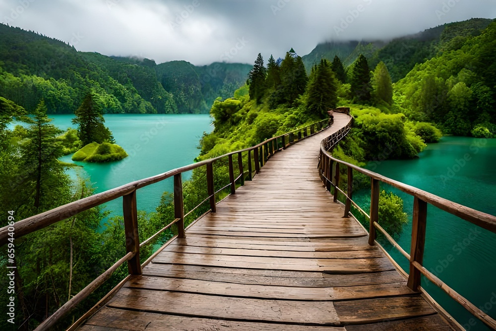 Touristic wooden pathway for nature trekking in Plitvice Lakes 
