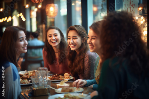  young women are enjoying a meal in a restaurant