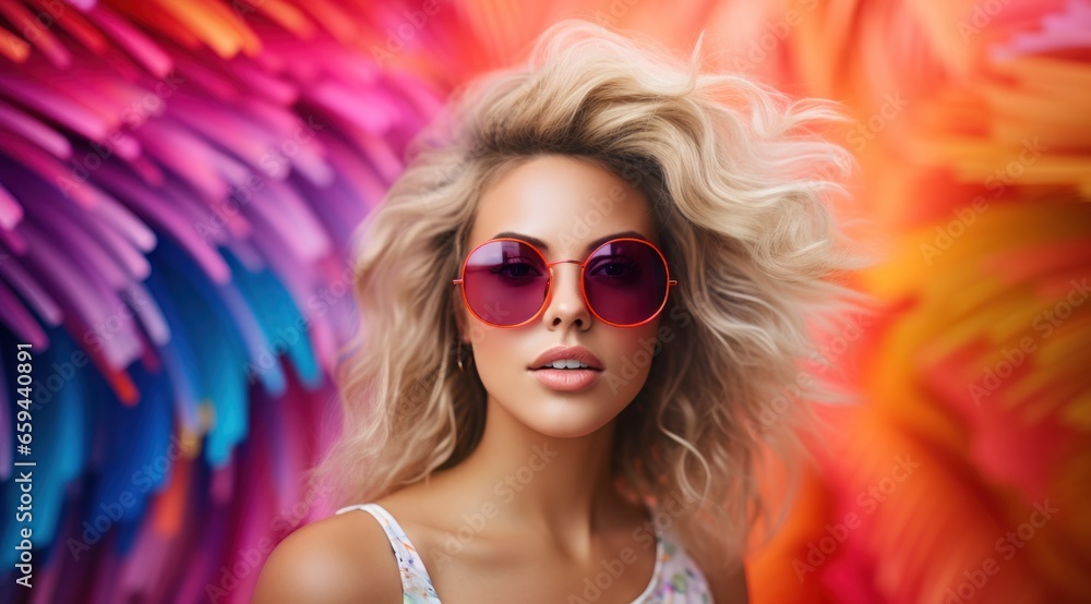 A vibrant and confident lady with blonde locks donning pink sunglasses, exuding a playful smile and bold lipstick, becomes a captivating outdoor portrait adorned with colorful eyewear and chic clothi