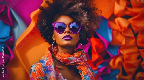 A fashion-forward woman rocks magenta sunglasses and a scarf  exuding confidence and artistic flair with her unique style