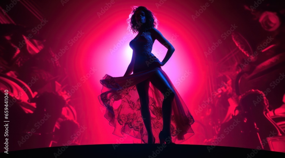 A vibrant woman in a flowing magenta dress dances with passion and grace, radiating a fiery energy that captivates all those around her in the world of entertainment