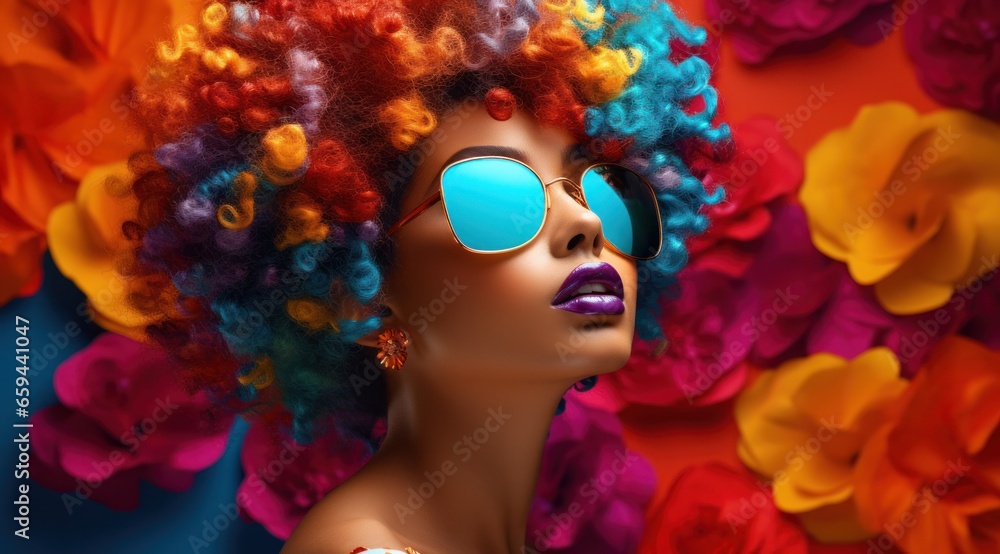 Fototapeta premium A vibrant woman adorned with a bouquet of sunflowers in her hair and sporting stylish shades exudes confidence and a love for bold fashion choices