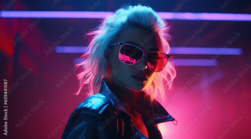 A bold and edgy woman dons a leather jacket and sunglasses in magenta hues, exuding a fierce sense of style as she immerses herself in the pulsating energy of a concert, her goggles reflecting the vi