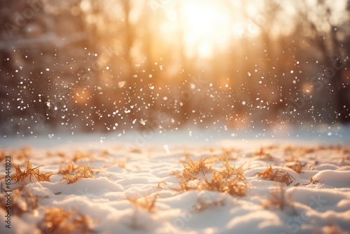 Snowflakes falling to snow ground warm morning light. AI generative © Attasit