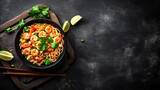 Top view of  Pad Thai vegetables udon noodles with shrimp on black plate and  a dark background ,Copy space , Generate by AI technology.