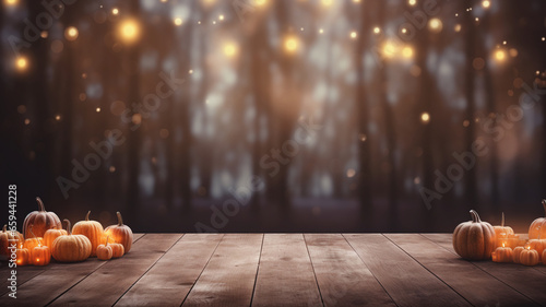 Enchanting autumn empty table woodland scene, golden leaves gently falling on a rustic wooden platform, diffused sunlight streaming through misty trees copy space banner photo