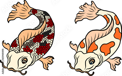 Beautiful line art Koi carp tattoo design  colorful koi fish and flower. Idea for tattoo and coloring books.