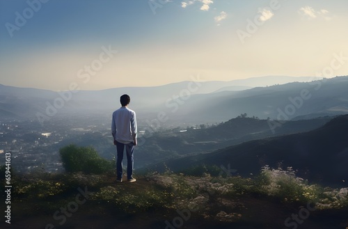 man stands on the top of a mountain with mountain view