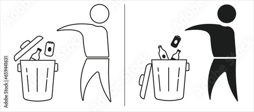 Throw garbage into the bin. Bins icon on white background.