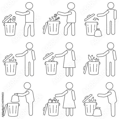 Throw garbage into the bin. Bins icon on white background.