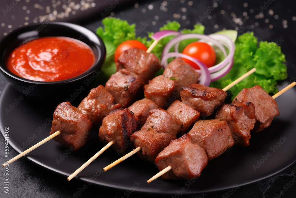 delicious grilled kebab meat that is very pleasing to the tongue and sauce as a complement