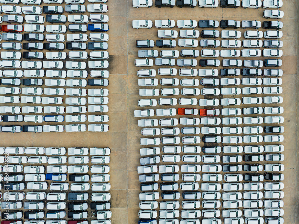Aerial view new cars parking for sale stock lot row, New cars dealer inventory import export business commercial global, Business automobile and automotive industry Aerial view new cars parking for sale stock lot row, New cars dealer inventory import export business commercial global, Business automobile and automotive industry