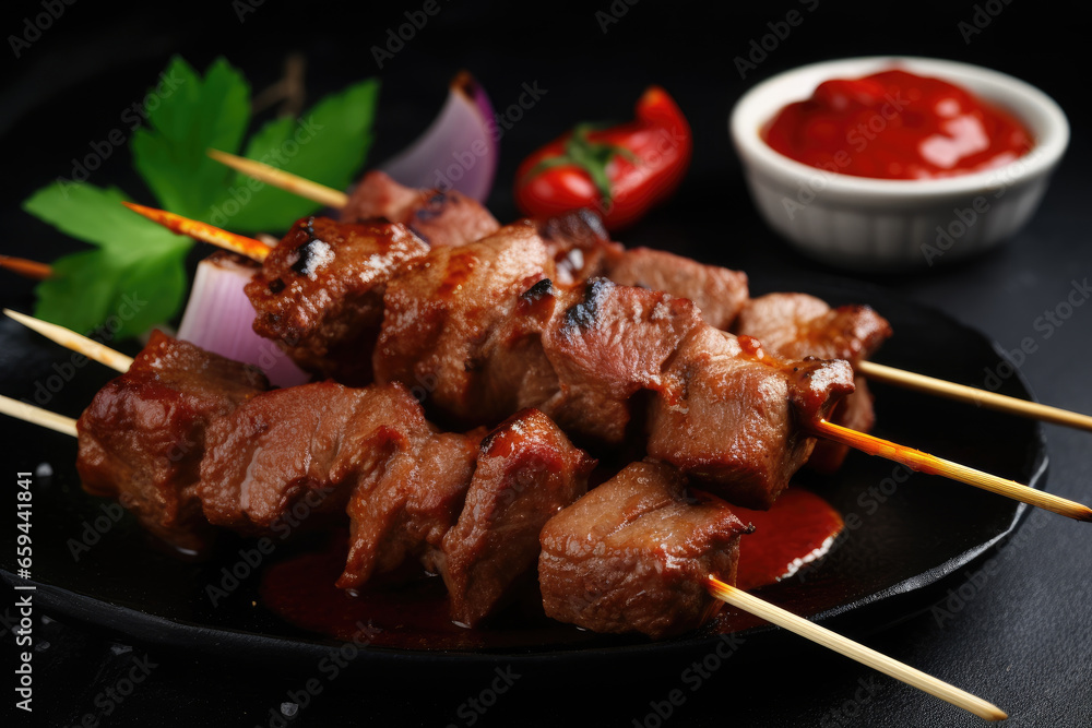 delicious grilled kebab meat that is very pleasing to the tongue and sauce as a complement