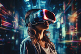 young female wearing futuristic glasses of virtual reality