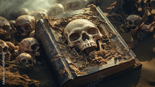 Dusty necromancy book of the dead embossed with skulls and bone, surrounded by all the lost souls who gave up their life for it's unholy demonic evil secrets.   photo