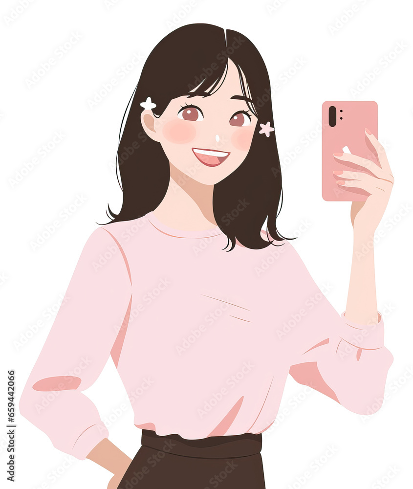 Young smiling woman taking selfie with phone. Happy girl using smartphone for photograph. cartoon illustration isolated. Young smiling woman taking selfie with phone. Happy girl using smartphone for photograph. cartoon illustration isolated.