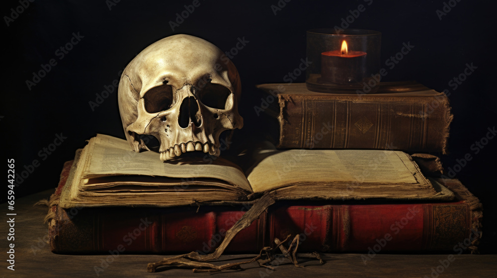 Necromancy books and ancient texts about occultism and witchcraft spells, human skull paperweight, unholy knowledge, macabre still life of death and evil. Necromancy books and ancient texts about occultism and witchcraft spells, human skull paperweight, unholy knowledge, macabre still life of death and evil.