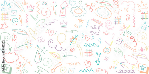 Hand drawn colorful signs and shapes on white. Abstract chaotic symbols. Line art creation. Doodles for your design. Simple childish scribble backdrop.