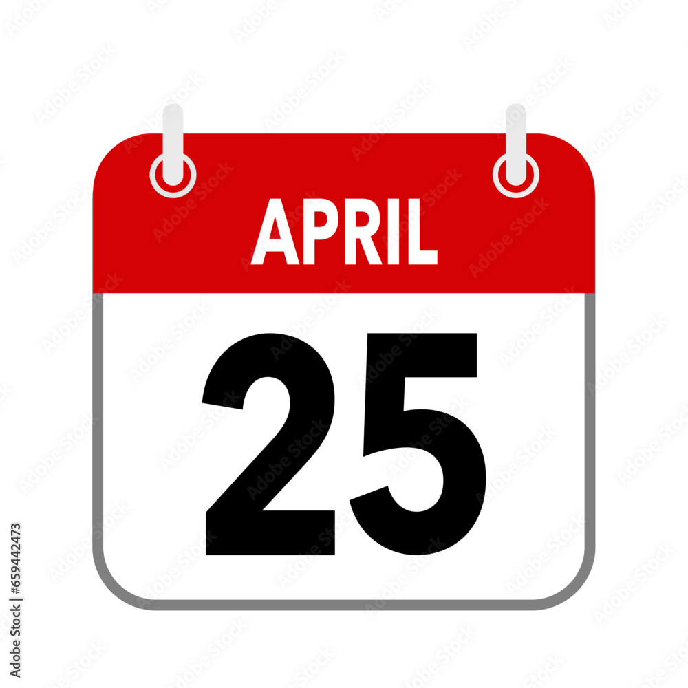 25 April, calendar date icon on white background. 25 April, calendar date icon on white background.
