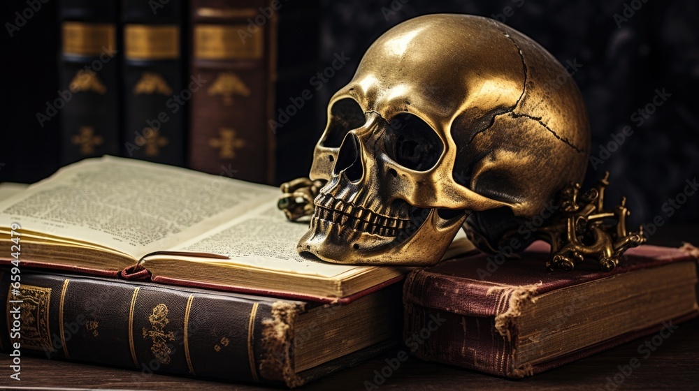 Necromancy books and ancient texts about occultism and witchcraft spells, bronze human skull paperweight, unholy knowledge, macabre still life of death and evil. Necromancy books and ancient texts about occultism and witchcraft spells, bronze human skull paperweight, unholy knowledge, macabre still life of death and evil.