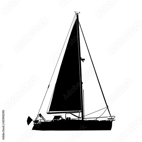 Sailboat black silhouette isolated on white background. Shape of yacht side view. Marine yacht. Boat for recreation or racing. Vessel for daily cruises or sea travel. Stock vector illustration