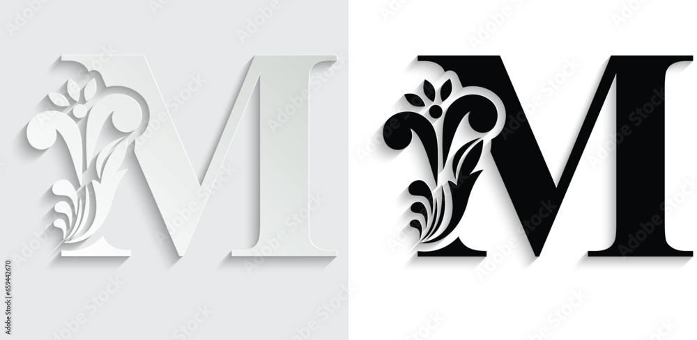 letter M. Black flower alphabet. Beautiful capital letters with shadow