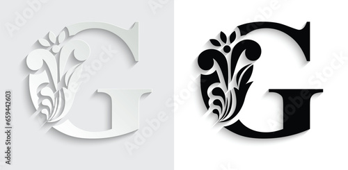 letter G. Black flower alphabet. Beautiful capital letters with shadow