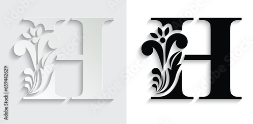 letter H. Black flower alphabet. Beautiful capital letters with shadow
