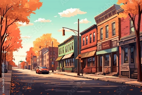 Illustration of a charming vintage American town street. Generative AI photo