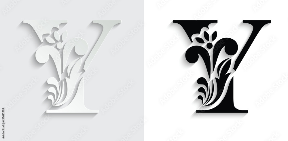 letter Y. Black flower alphabet. Beautiful capital letters with shadow