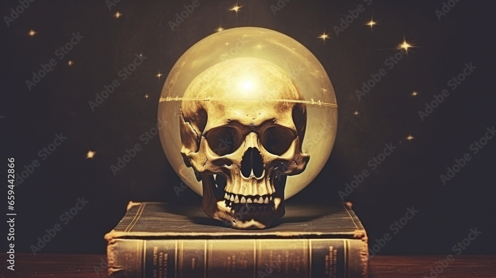 Necromancy books and ancient texts about occultism and witchcraft spells, human skull sphere paperweight, unholy knowledge, macabre still life of death and evil.    - obrazy, fototapety, plakaty 